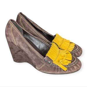 Hogan Wedge Heeled Kiltie Loafer Suede Brown Yellow Women's 9